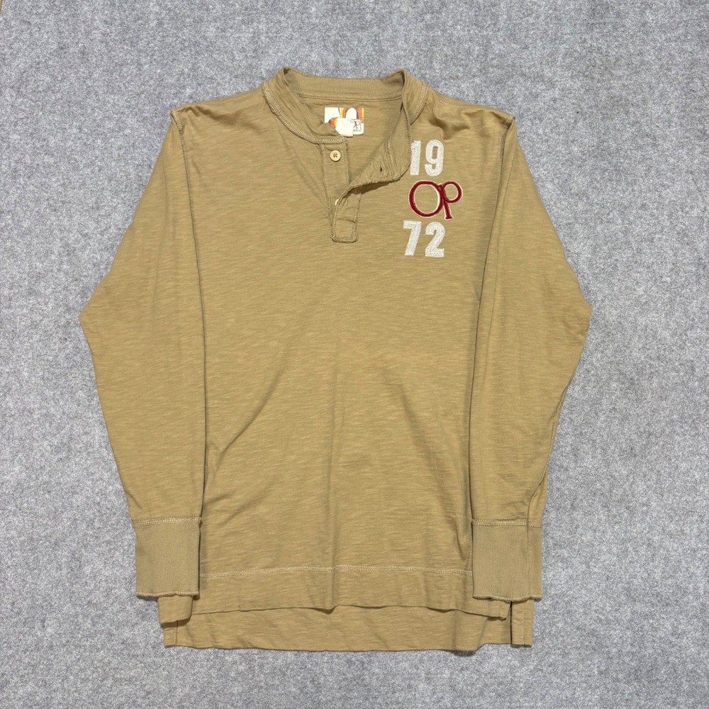Ocean Pacific OP Mens Large‎ Khaki Long Sleeve Henley Shirt 1972 Graphic Cotton